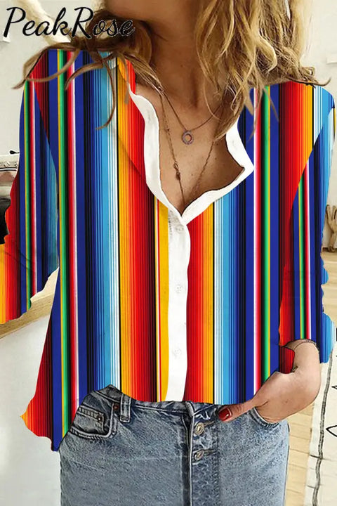 Cinco De Mayo Mexican Western Striped Print Casual Long Sleeve Shirt S / Photo Color Women