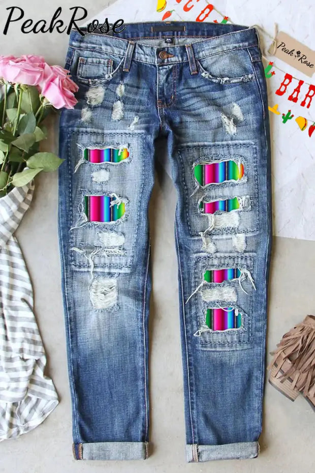 Cinco De Mayo Mexican Western Striped Print Ripped Denim Jeans S