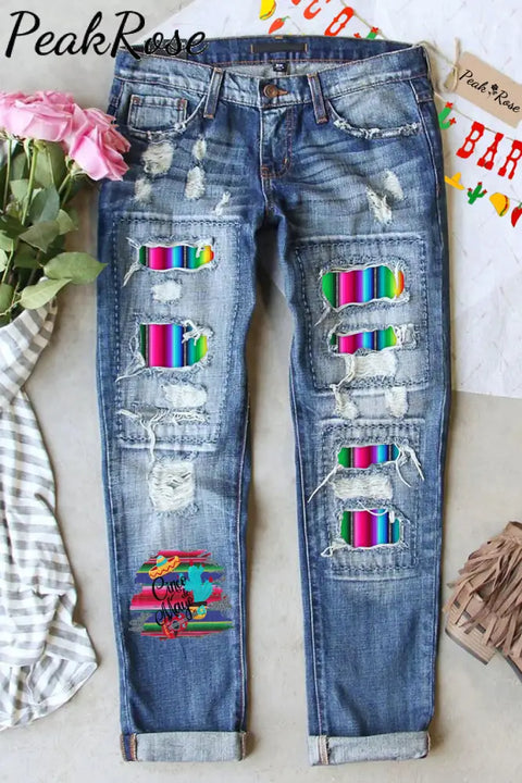 Cinco De Mayo Mexican Western Striped Print Ripped Denim Jeans S