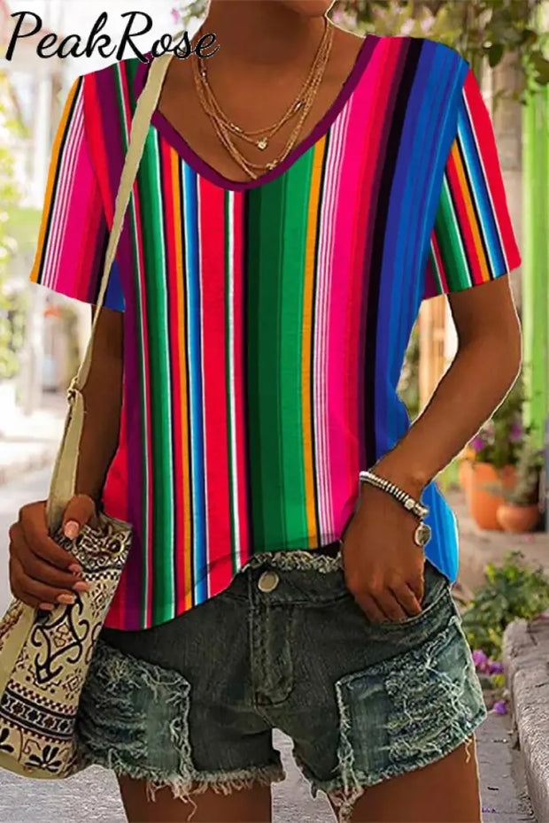 Cinco De Mayo Mexican Western Striped Print V Neck T-Shirt T-Shirt