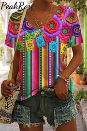 Cinco De Mayo Mexican Western Striped Print V Neck T-Shirt S / Photo Color T-Shirt