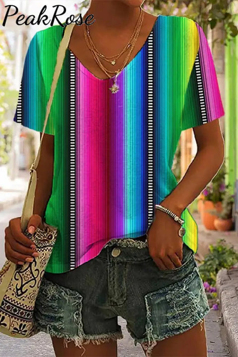 Cinco De Mayo Mexican Western Striped Print V Neck T-Shirt S / Photo Color T-Shirt