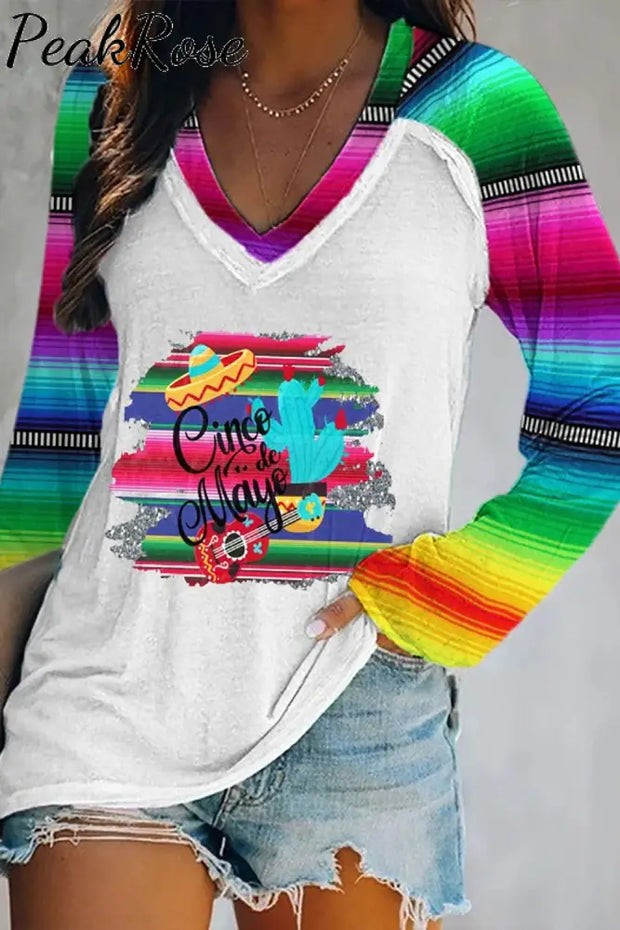 Cinco De Mayo Mexican Western Striped V-Neck Long Sleeve Tee