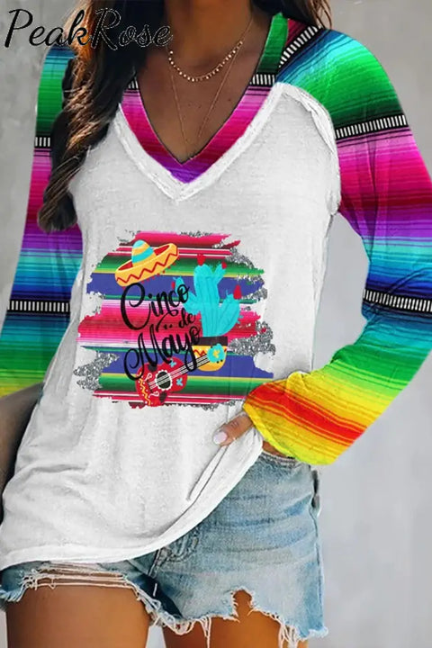 Cinco De Mayo Mexican Western Striped V-Neck Long Sleeve Tee S / Photo Color