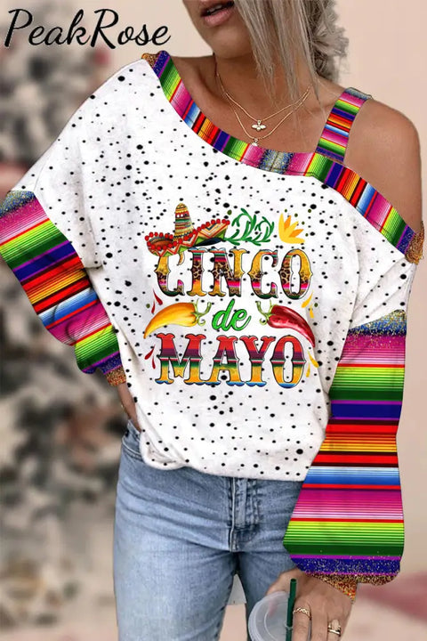 Cinco De Mayo With Sombrero Hat And Peppers Print Off-Shoulder Blouse