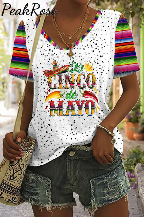 Cinco De Mayo With Sombrero Hat And Peppers Print V Neck T-Shirt T-Shirt