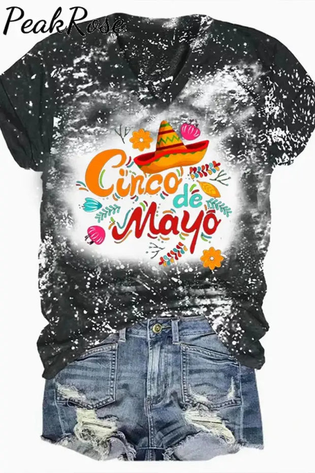 Cinco De Mayo With Sombrero Hat Printed V Neck T-Shirt Black / S T-Shirt