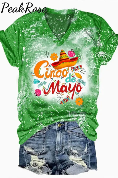 Cinco De Mayo With Sombrero Hat Printed V Neck T-Shirt Green / S T-Shirt