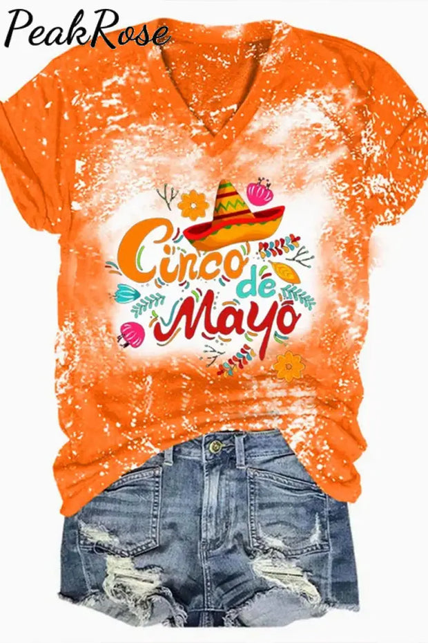 Cinco De Mayo With Sombrero Hat Printed V Neck T-Shirt Orange / S T-Shirt