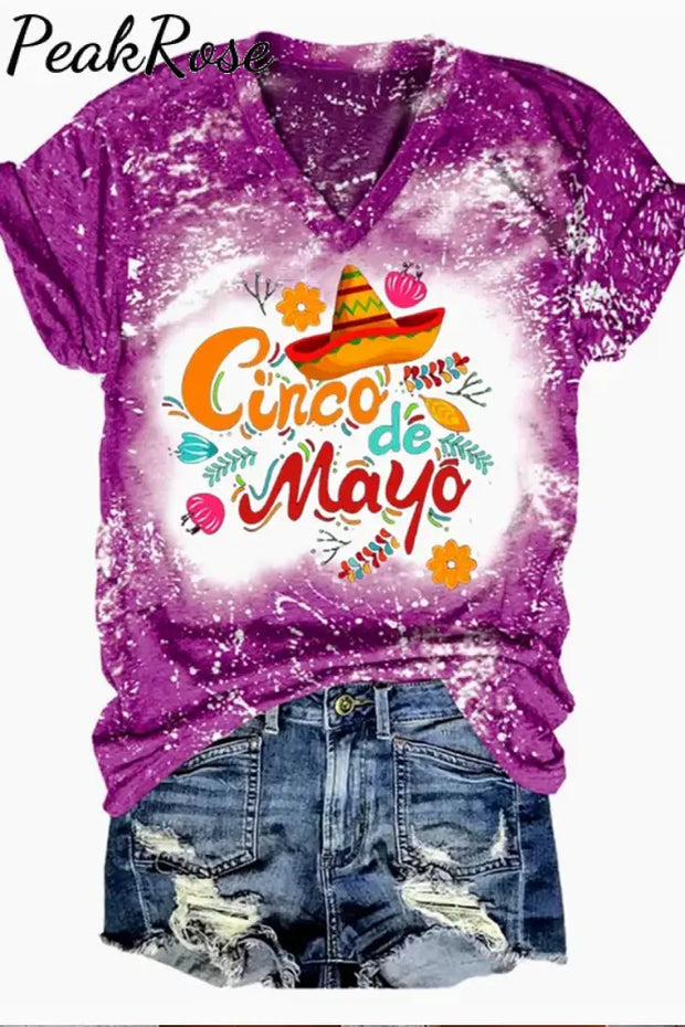 Cinco De Mayo With Sombrero Hat Printed V Neck T-Shirt Purple / S T-Shirt