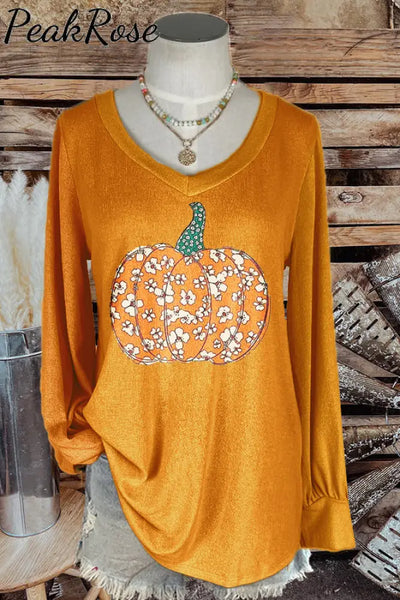 Classic Halloween Floral Pumpkin V-Neck Long-Sleeved Top Orange / S Hot Sell