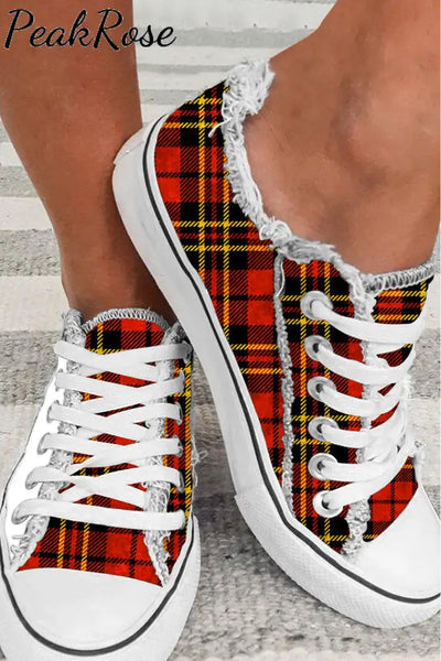 Classic Retro Red & Yellow Plaid With Championship Team Trophy Canvas Shoes Sneakers