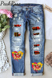 Classic Retro Red & Yellow Plaid With Championship Team Trophy Printed Ripped Denim Jeans