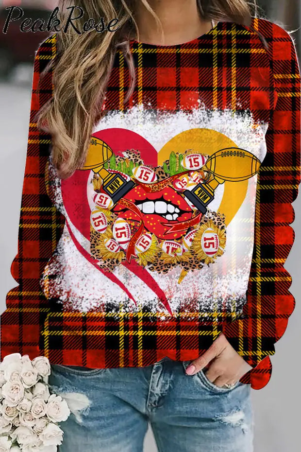 Classic Retro Red & Yellow Plaid With Championship Team Trophy Printed Sweatshirt