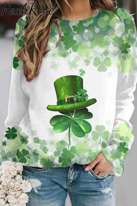 Clover Print Four-Leaf Hat Ink Long-Sleeved Sweatshirt Green / S