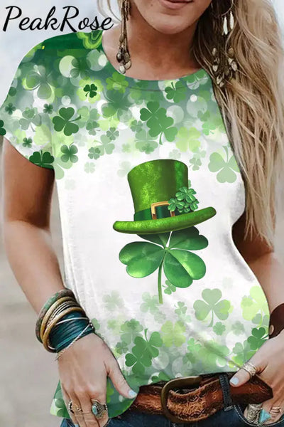 Clover Print Four-Leaf Hat Ink Short-Sleeved T-Shirt Green / S T-Shirt