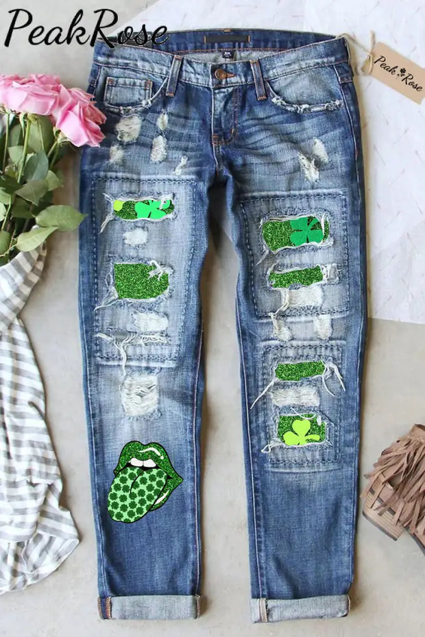 Clover Sequin Lips Tongue Print Denim Jeans S / Blue