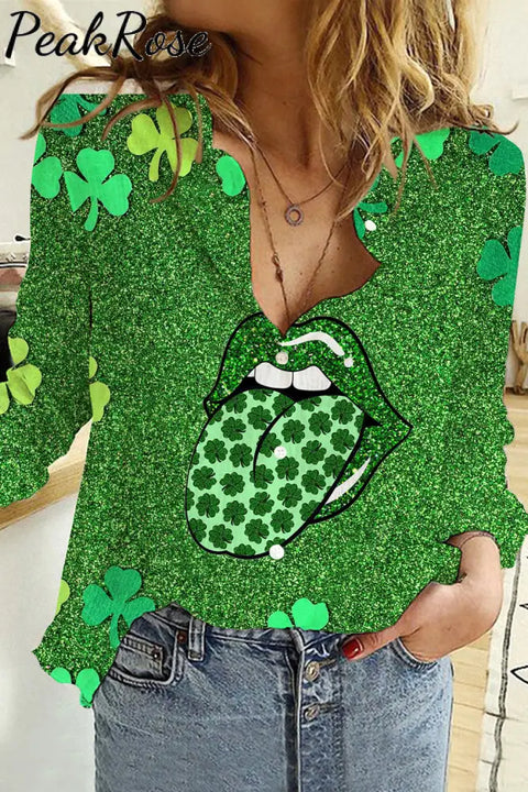 Clover Sequin Lips Tongue Print Long Sleeve Shirt S / Green Women