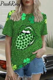 Clover Sequin Lips Tongue Print Round Neck Short Sleeve T-Shirt