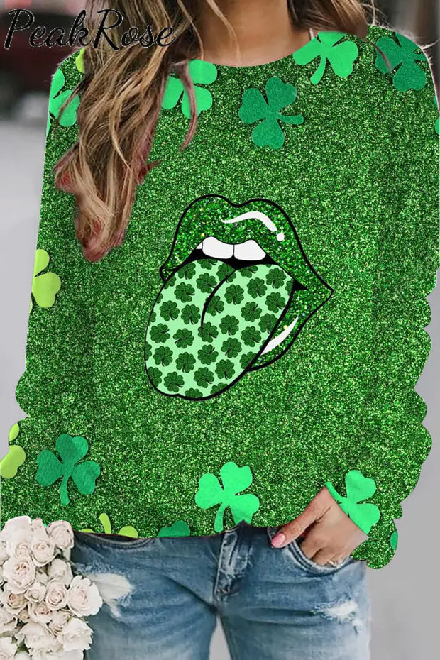 Clover Sequin Lips Tongue Print Sweatshirt