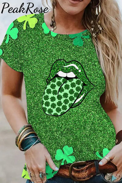 Clover Sequin Lips Tongue Print T-Shirt S / Green