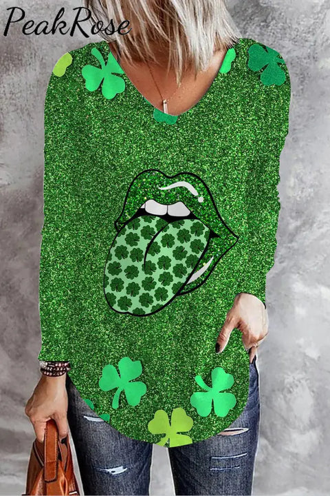 Clover Sequin Lips Tongue Print V Neck Long Sleeve T-Shirt T-Shirt