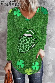 Clover Sequin Lips Tongue Print V Neck Long Sleeve T-Shirt S / Green T-Shirt