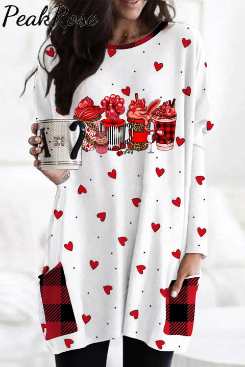 Coffee Drink Print Loose Tunic With Pockets