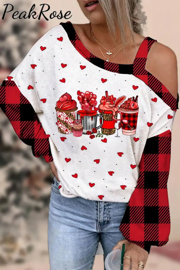 Coffee Drink Print Off-Shoulder Blouse