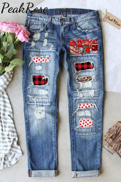 Coffee Drink Print Ripped Denim Jeans S / Blue