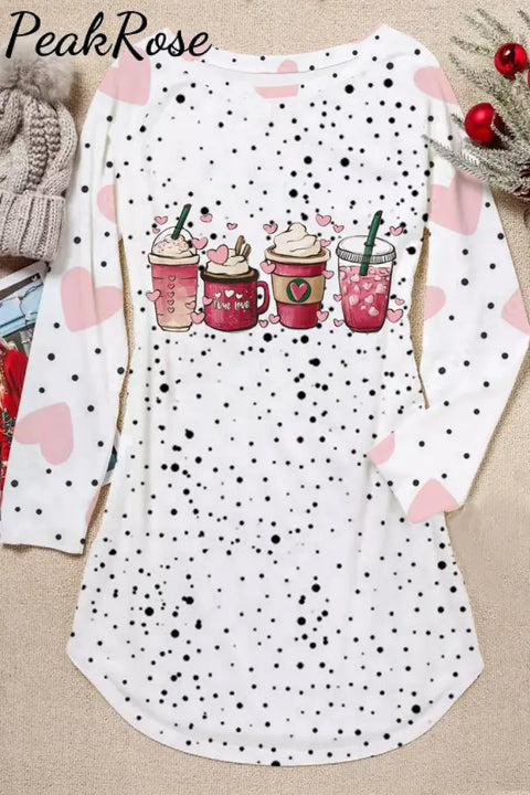 Coffee Lover Polka Dots Heart Print Loose Tunic