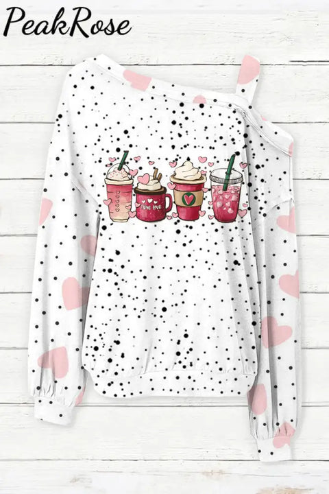 Coffee Lover Polka Dots Heart Print Off-Shoulder Blouse