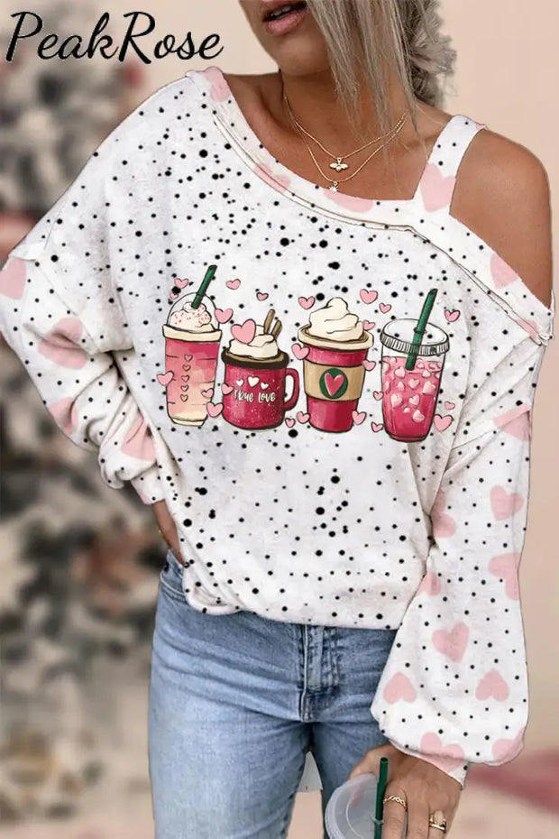 Coffee Lover Polka Dots Heart Print Off-Shoulder Blouse S / White