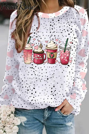 Coffee Lover Polka Dots Heart Print Sweatshirt S / White