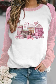 Coffee Valentine Lover Print Long-Sleeved Sweatshirt Pink / S