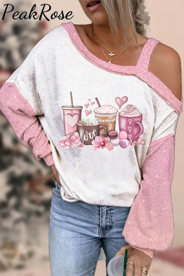 Coffee Valentine Lover Print Strapless Off-Shoulder Long-Sleeved Blouse S / Pink