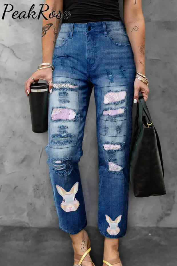 Color Block Rabbit Head Gradient Glitter Denim Jeans