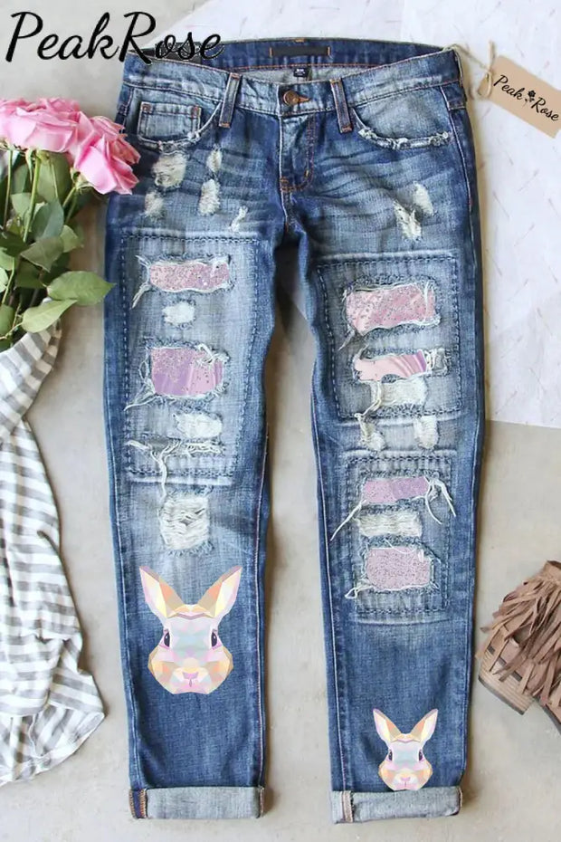 Color Block Rabbit Head Gradient Glitter Denim Jeans S / Blue