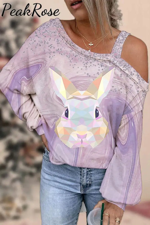 Color Block Rabbit Head Gradient Glitter Off-Shoulder Blouse Photo / S