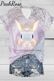 Color Block Rabbit Head Gradient Glitter Printed V Neck T-Shirt T-Shirt