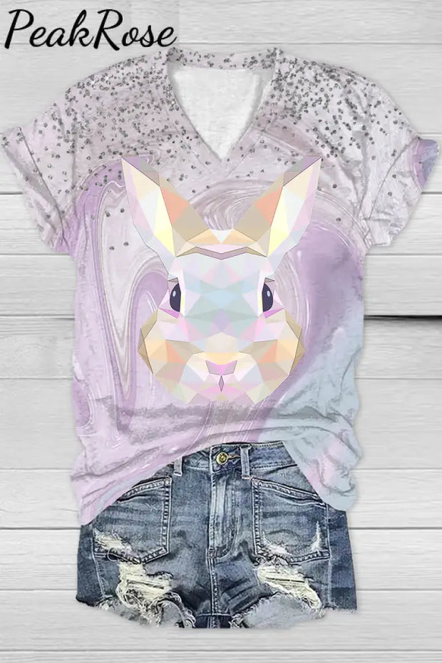 Color Block Rabbit Head Gradient Glitter Printed V Neck T-Shirt T-Shirt