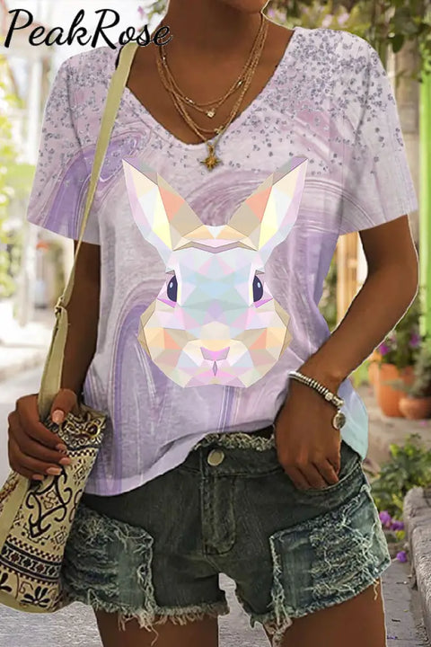 Color Block Rabbit Head Gradient Glitter Printed V Neck T-Shirt T-Shirt