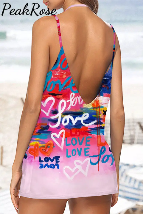 Colorful Graffiti Love Abstract Heart Beach Halter Top Tops