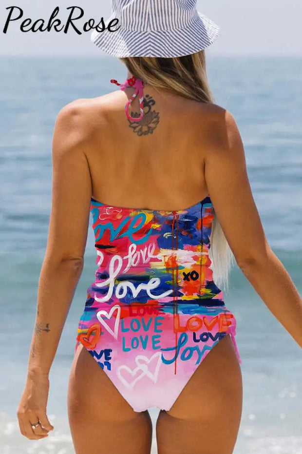 Colorful Graffiti Love Abstract Heart Halter Swimsuit