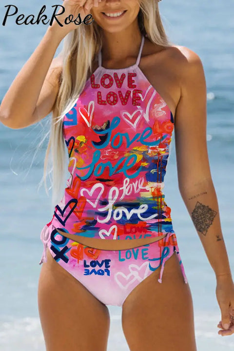 Colorful Graffiti Love Abstract Heart Halter Swimsuit