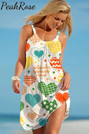 Colorful Heart-Shaped Print Sleeveless Dress S