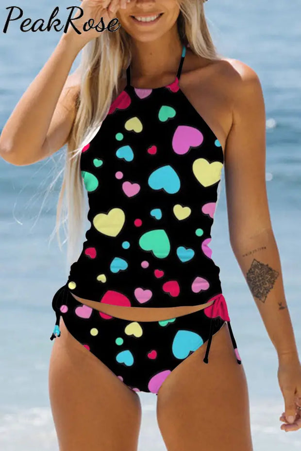 Colorful Love Heart Print Bikini Swimsuit S