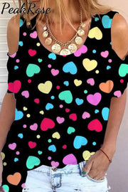 Colorful Love Heart Print Cold Shoulder T-Shirt