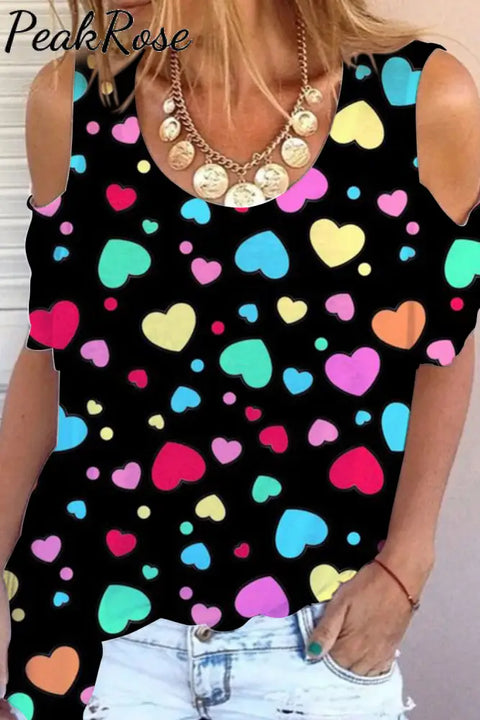 Colorful Love Heart Print Cold Shoulder T-Shirt S / Black