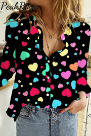 Colorful Love Heart Print Long Sleeve Shirt S / Black Women